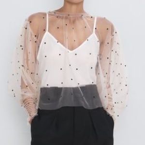 ISO ZARA blouse sheer with polka dots cream/black